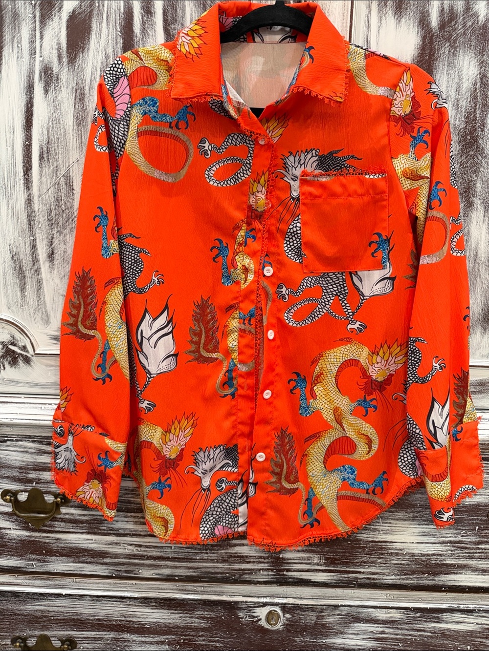 Bold Orange Dragon Print Button-Down Blouse